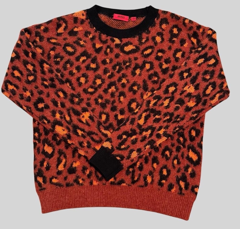 Hugo Boss Sweater Womens XS Red Black Orange Leopard Crewneck Knit Pullover